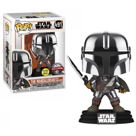 Figurine - Pop! Star Wars - The Mandalorian - Mando with Darksaber (GITD) - N° 491 - Funko